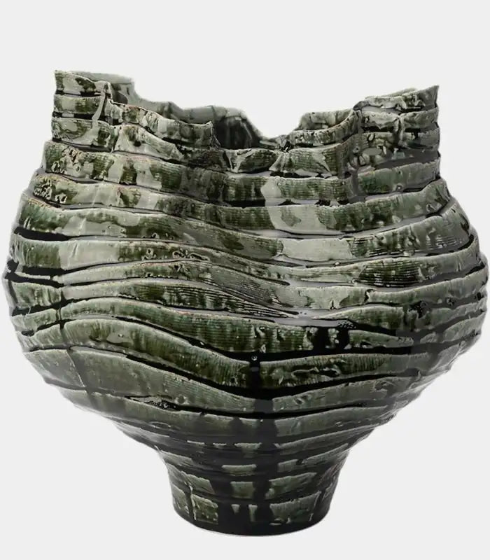 Nairi Large Handmade Ceramic Vase – Mottled Green Ridged Sculptural Vessel, Table or Floor