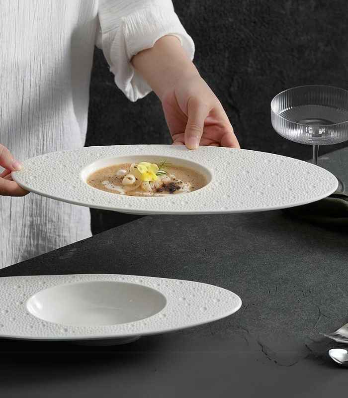 Elegant Textured Oval Ceramic Dinner Plate White Large