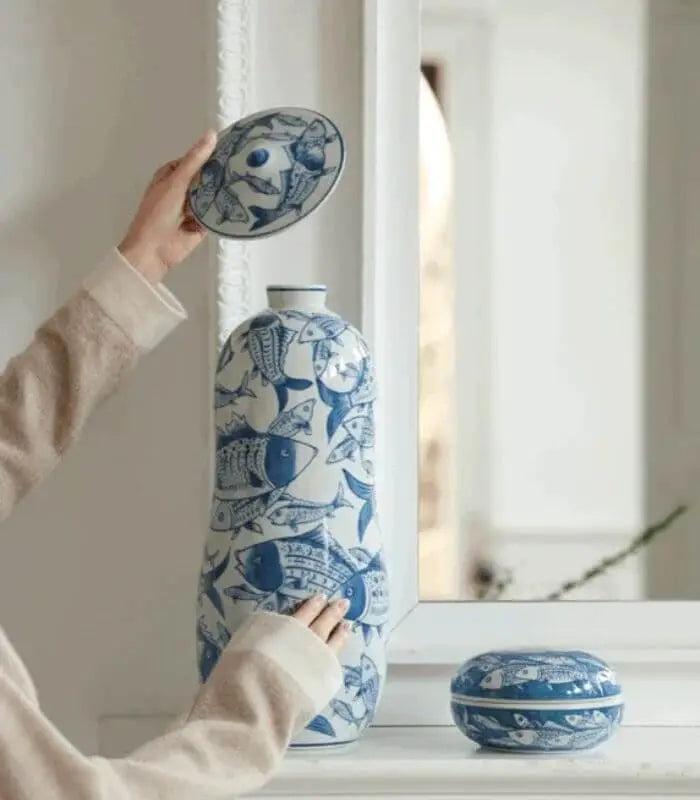 Blue Waters Fish Collection Porcelain Decorative Vase - Handcrafted Coastal Home Decor