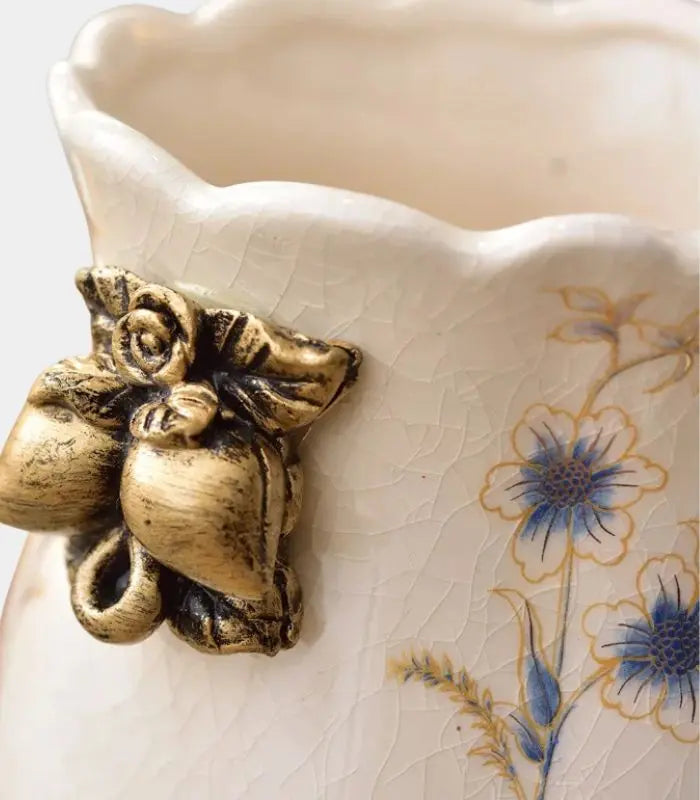Ophira Crackle-Glaze Porcelain Vase – Hand-Painted Peacock, Gilded Resin Base & Handles 21cm