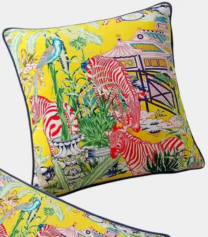 Exotic Garden Cushion Cover – Bold Tropical Print with Zebra and Pagoda 45 x45 cm