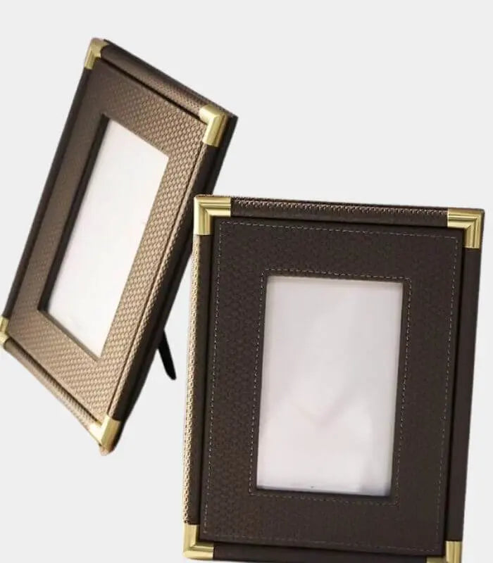 Textured Leather Photo Frame – Metallic Corner Accent Design