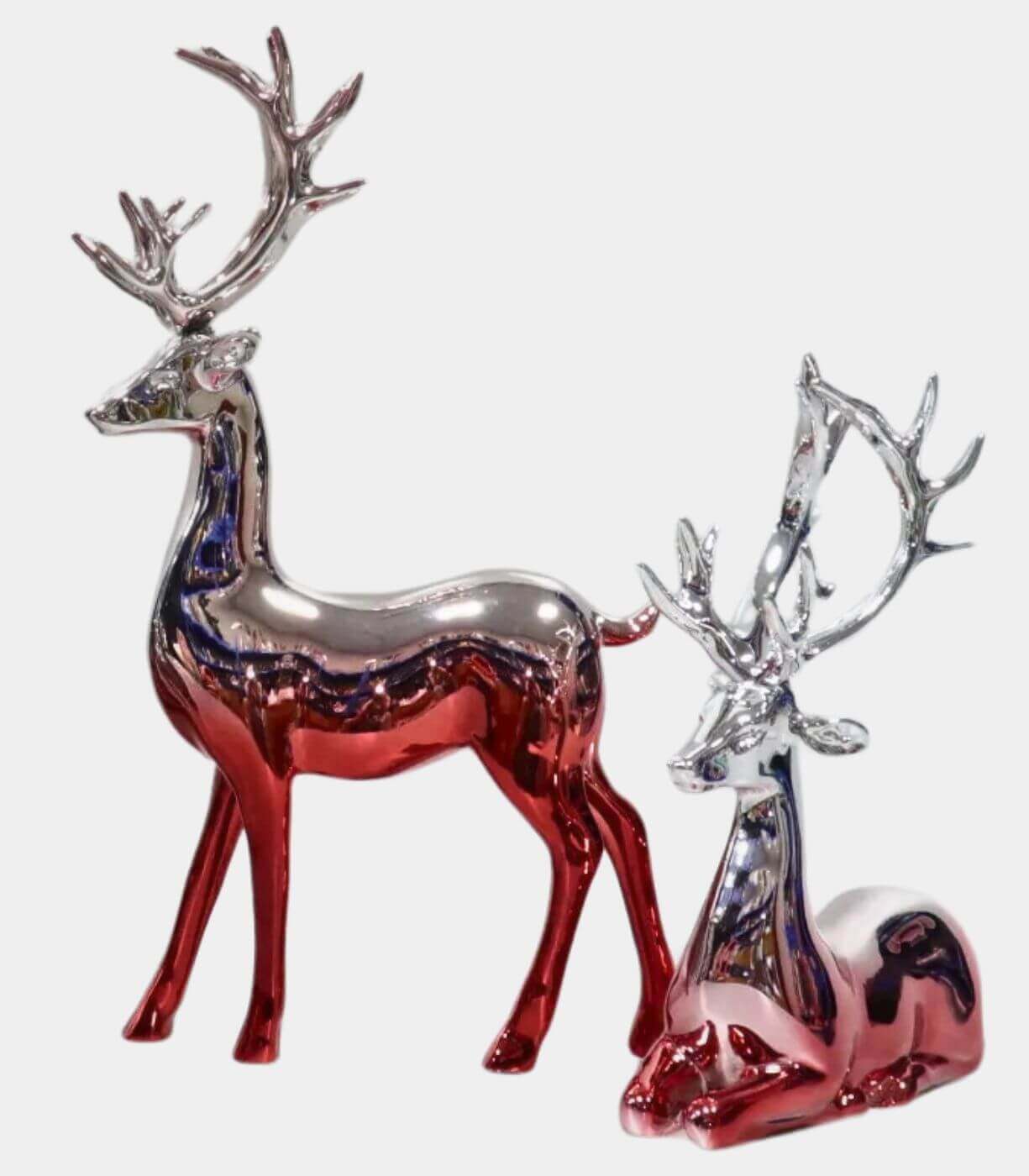 Set 2 Pcs Handcrafted Metallic Reindeer Decorative Figurines | Standing & Sitting Pair