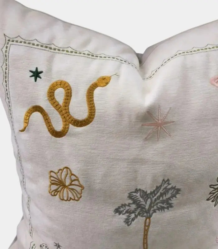 Sahara Embroidered Cushion Cover – Botanical Wildlife Tassel Design