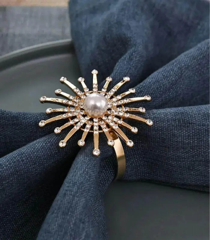 Set of 12 Pearl Sunburst Napkin Rings - Crystal Embedded Dinner Party Table Decor (Gold)