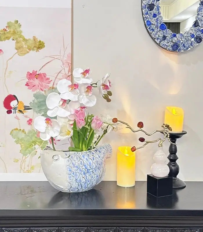 Artisan Fish Ceramic Planter/Vase – Handpainted Blue Scale Design