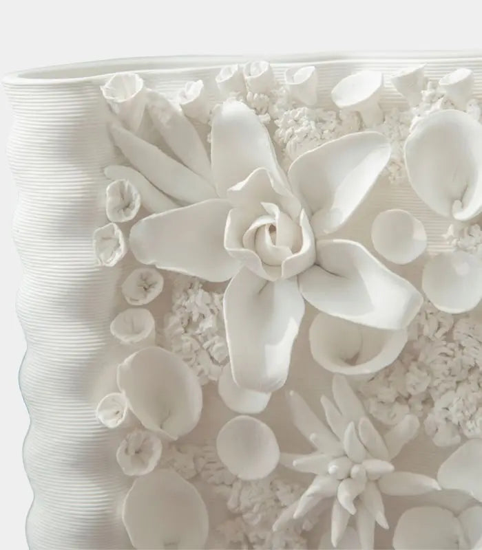 Floral Relief Ceramic Vase – Handcrafted Botanical Sculpture White
