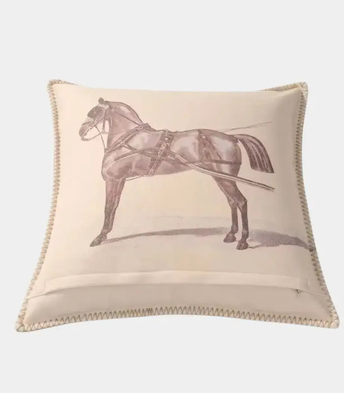 Equestrian Cushion Cover – Vintage Horse Print with Blanket Stitch Beige/Warm Cream