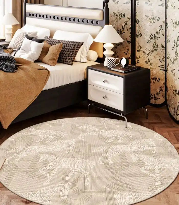 Equestrian Toile Round Rug – Classic Carousel Horse Design Grey