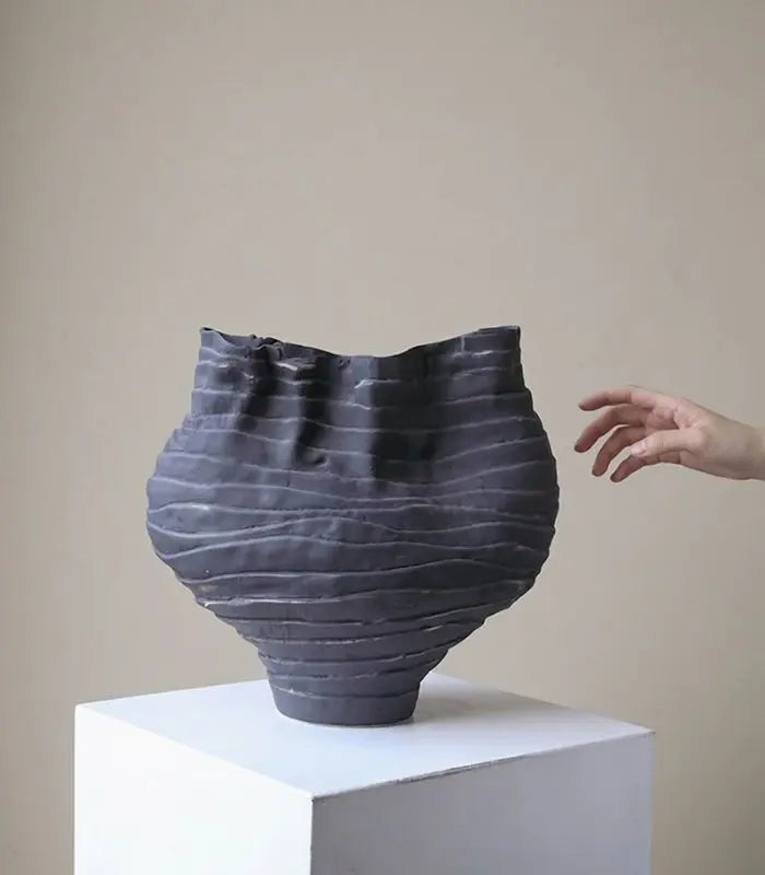 Nairi Large Handmade Ceramic Vase – Matte Black Ridged Sculptural Vessel, Table or Floor