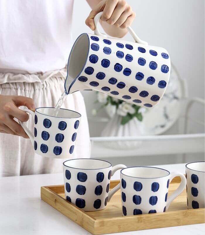 Set of 2 Blue Ceramic Cups Polka Dot Hand-Painted White & Blue