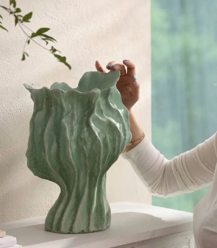 Talia Handcrafted Ceramic Vase – Two-Tone Green Ruffled Leaf-Form Sculptural Vessel