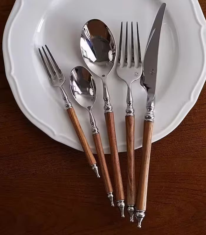 Stainless Steel Cutlery Set with Natural Wood Handles – Silver & Brown | 20-Piece or 30-Piece