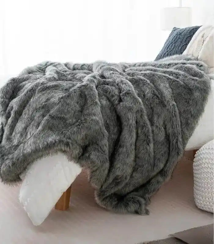Faux Fur Throw Blanket Soft Thick Grey