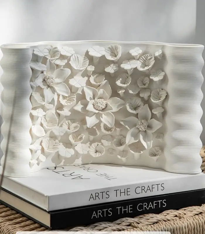 Handcrafted Curved Floral Relief Ceramic Vase – Botanical Sculpture 27 cm (10.63 in)