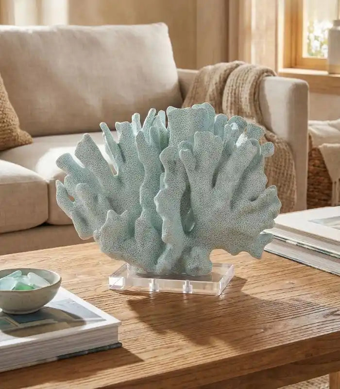 Oceana Seafoam Coral Sculpture – Coastal Decorative Object with Acrylic Base Resin Blue Large 28 cm