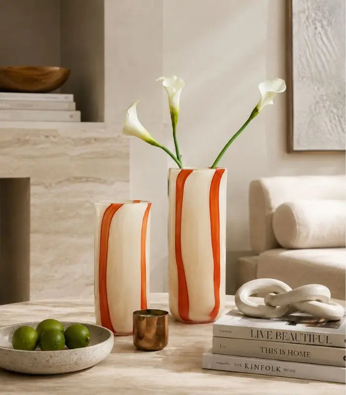 Vianne Handcrafted Glass Vase – Ivory & Terracotta Swirl Cylinder, 2 Sizes
