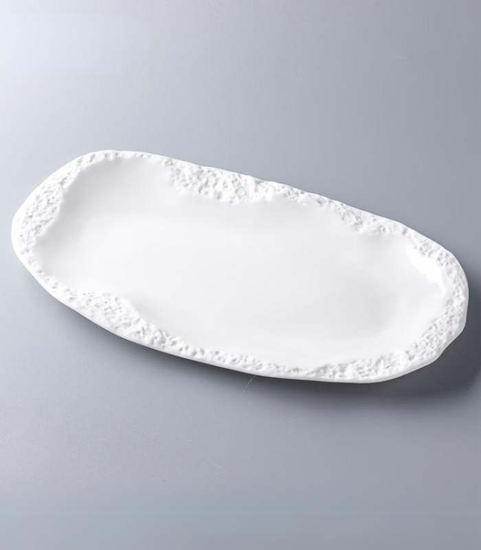Rustic White Ceramic Serving Platter - 31cm Oval Stoneware Plate, Embossed Stone Pattern