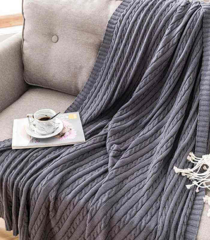 Cable Throw Knitted Blanket Cotton Grey