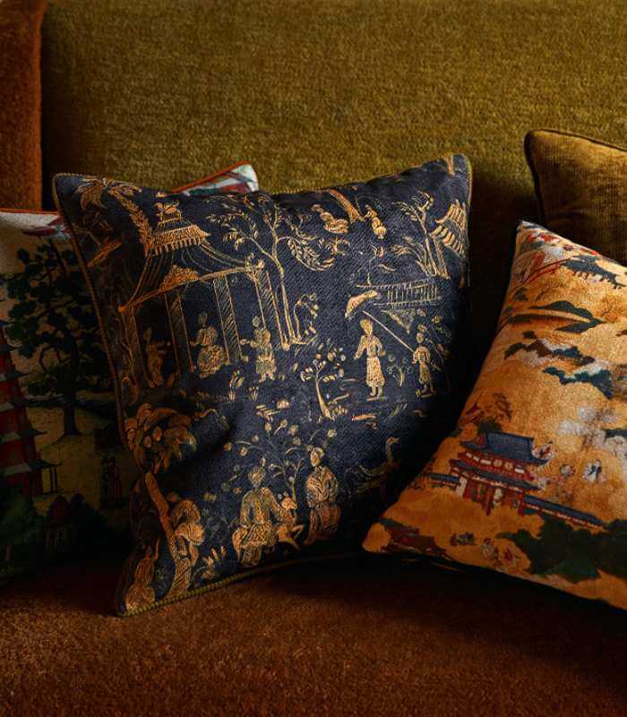 Luxurious Chinoiserie Chenille Cushion Cover - Opulent Gold on Black