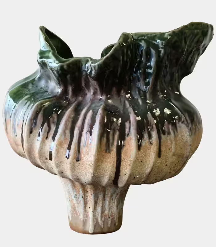 Verdant Ceramic Vase – Earth & Ember Sculptural Vase – Handcrafted Tectonic Ceramic with Ash Glaze