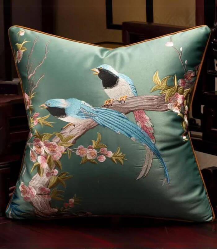 Handcrafted Oriental Bird Silk Satin Cushion Cover Embroidered Decorative Pillow Case 45 cm