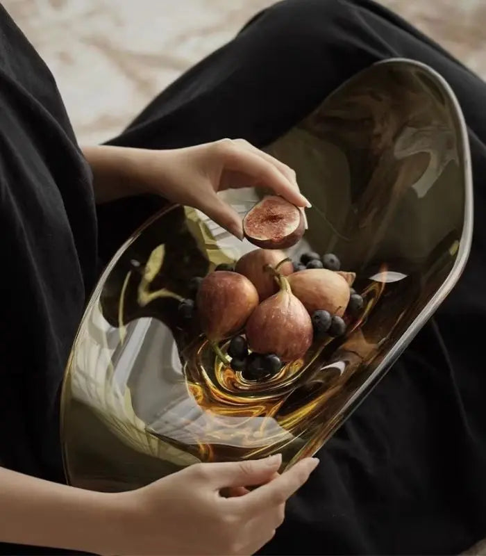 Solara Handblown Glass Fruit Bowl – Organic Wave Design Warm Amber Gold