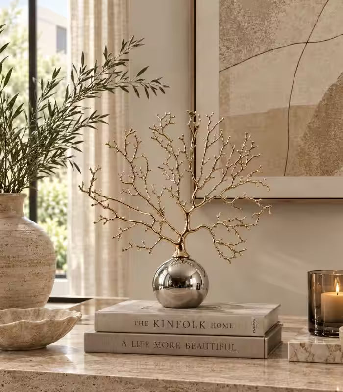 Auria Gold Coral Branch Sculpture – Metal Decorative Accent with Mirrored Sphere Base 35 cm