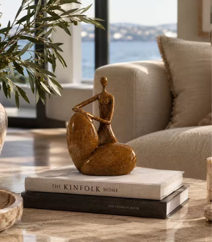 Delphine Resin Abstract Figure Sculpture | Seated Decorative Statue in Caramel Brown 22 cm / 8.7 in