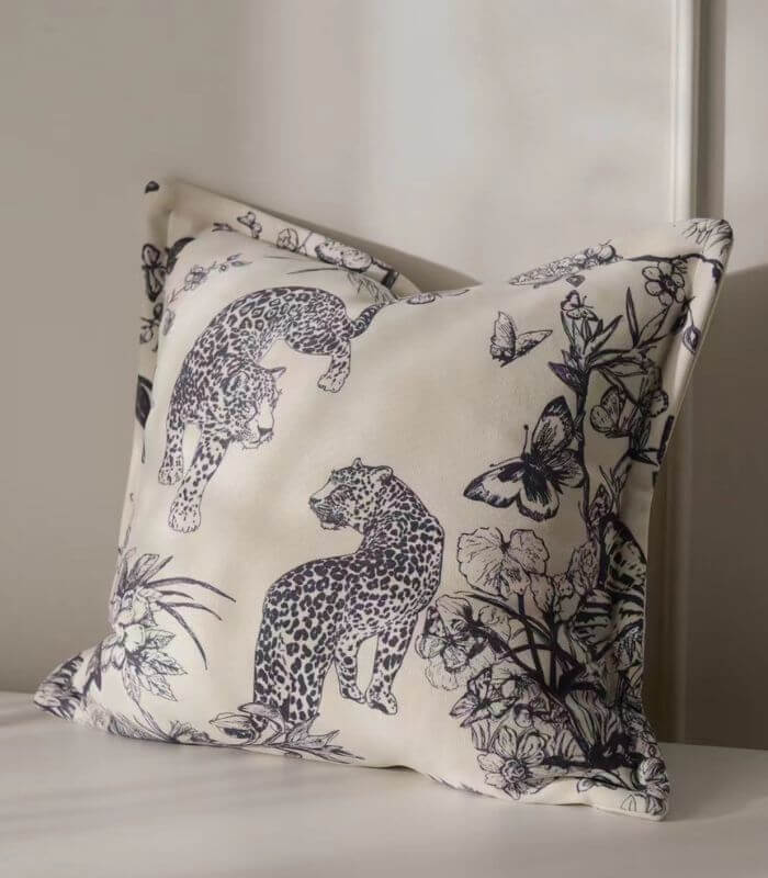 Leopard Print Cushion Cover with Botanical Design | Soft Plush Decorative Pillow Case