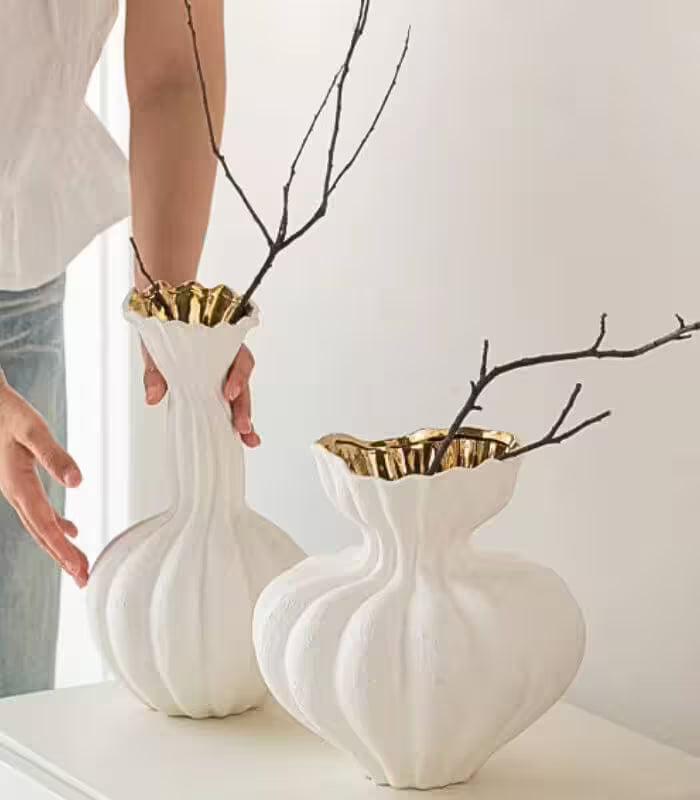 Delmara Tabletop Vase Textured White & Gold Ceramic 23 cm