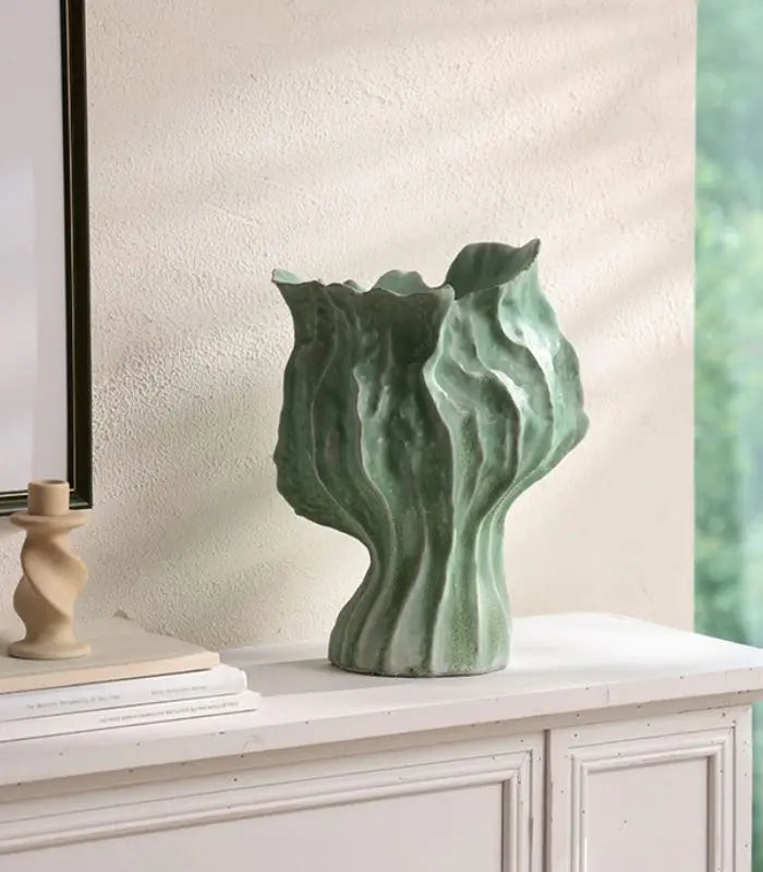 Talia Handcrafted Ceramic Vase – Two-Tone Green Ruffled Leaf-Form Sculptural Vessel