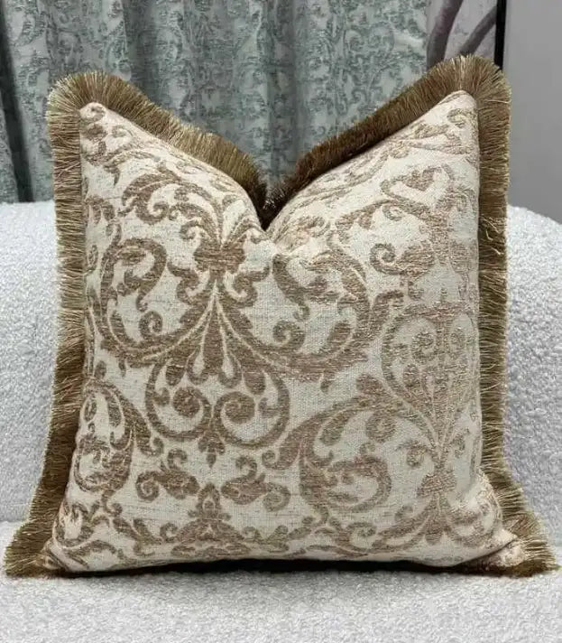 Damask Chenille Cushion Cover with Fringe - Elegant Jacquard Pillow Case 45x45cm