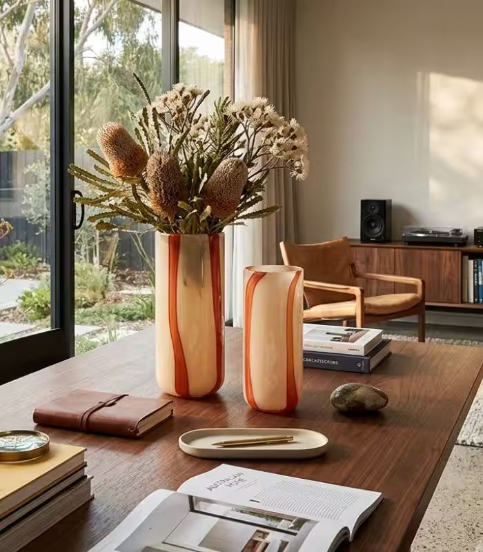 Vianne Handcrafted Glass Vase – Ivory & Terracotta Swirl Cylinder, 2 Sizes