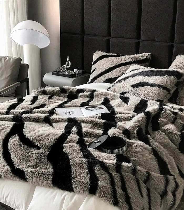 Plush Faux Fur Tiger Stripe Throw Blanket Grey & Black