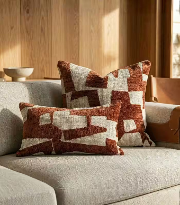 Abstract Geometric Jacquard Cushion Cover — Terracotta & Woven Textile