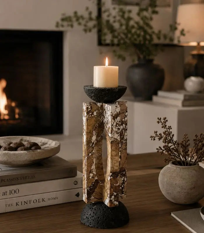 Corteccia Marble & Lava Stone Candle Holder – Natural Stone Pillar, 2 Sizes