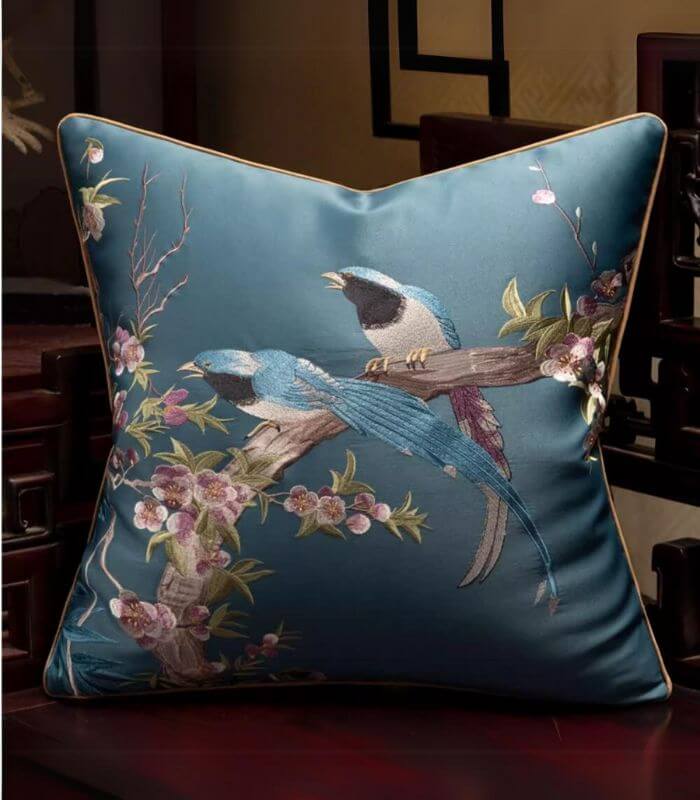 Handcrafted Oriental Bird Silk Satin Cushion Cover Embroidered Decorative Pillow Case 45 cm