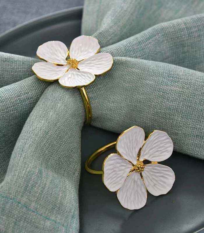 Set of 6 Gold & White Floral Metal Napkin Rings