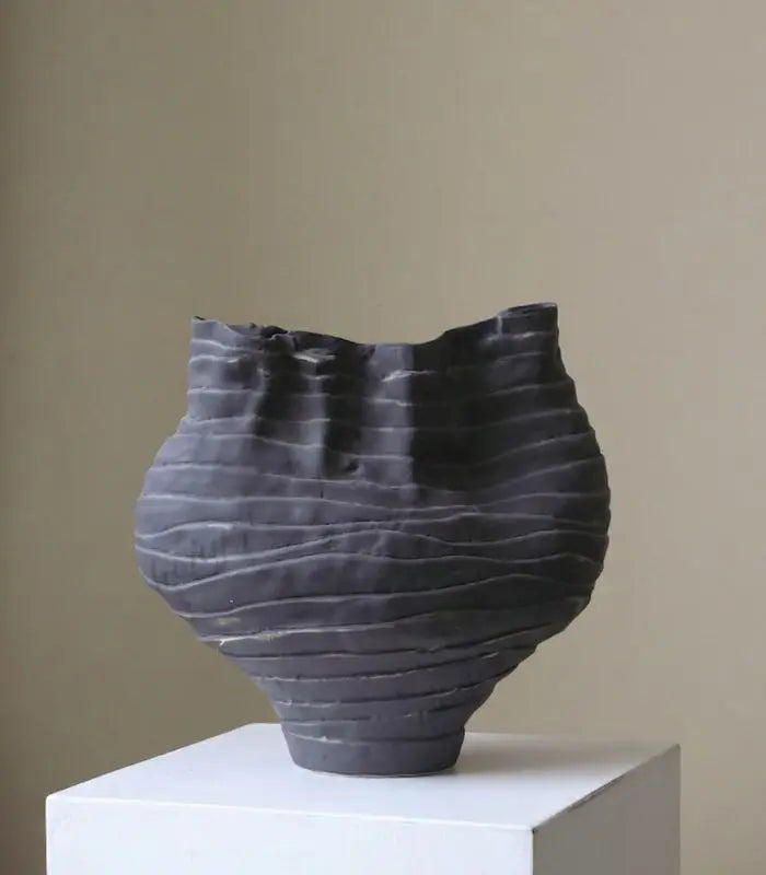 Nairi Large Handmade Ceramic Vase – Matte Black Ridged Sculptural Vessel, Table or Floor