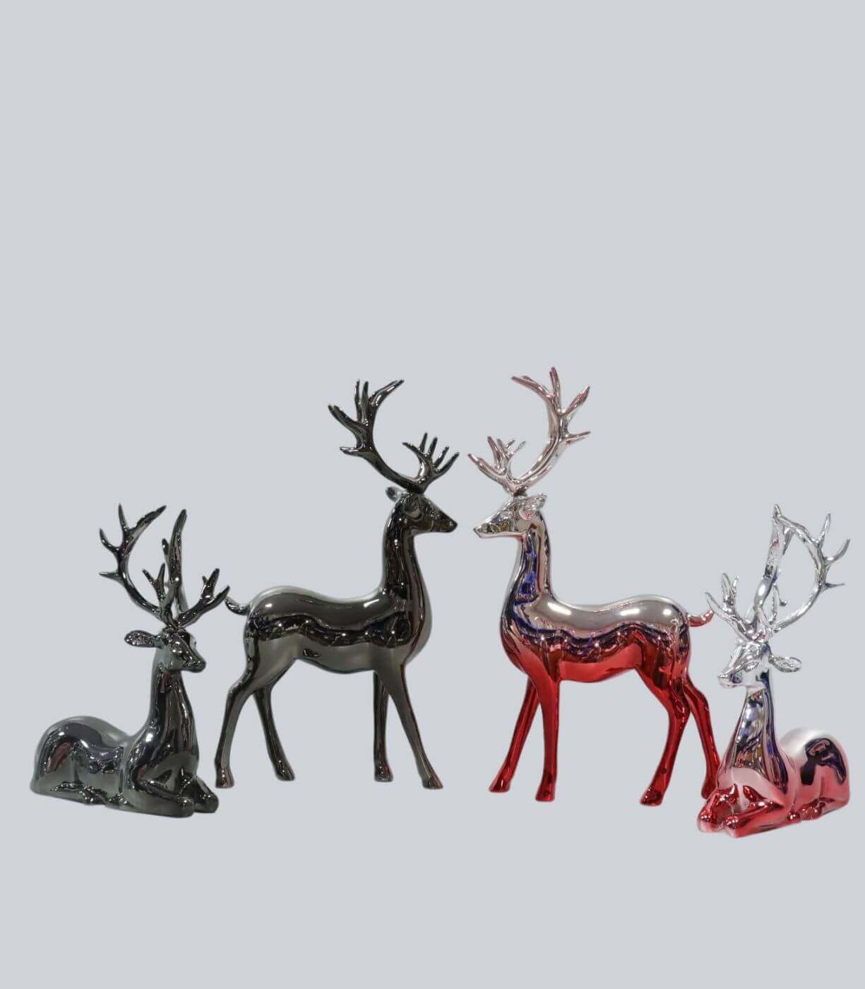 Set 2 Pcs Handcrafted Metallic Reindeer Decorative Figurines | Standing & Sitting Pair