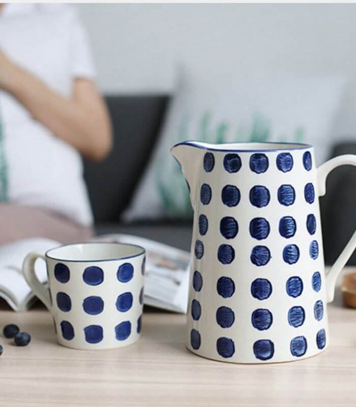 Set of 2 Blue Ceramic Cups Polka Dot Hand-Painted White & Blue