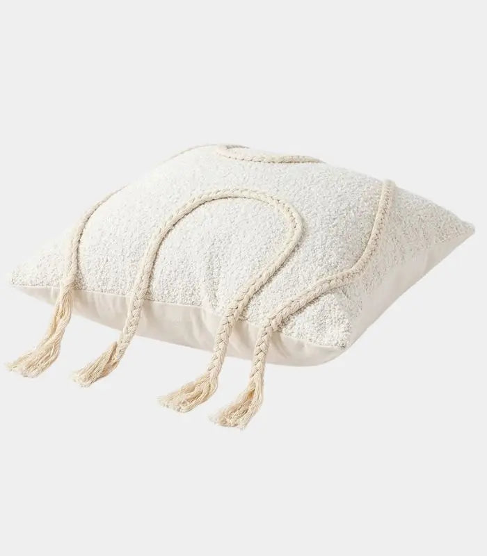 Amaya Woven Boucle Cushion Cover – Ivory with Braided Tassel Detail, 45x45cm (18 in)