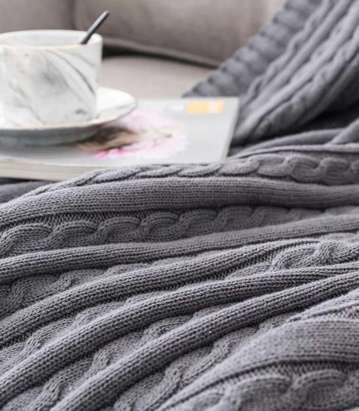 Cable Throw Knitted Blanket Cotton Grey