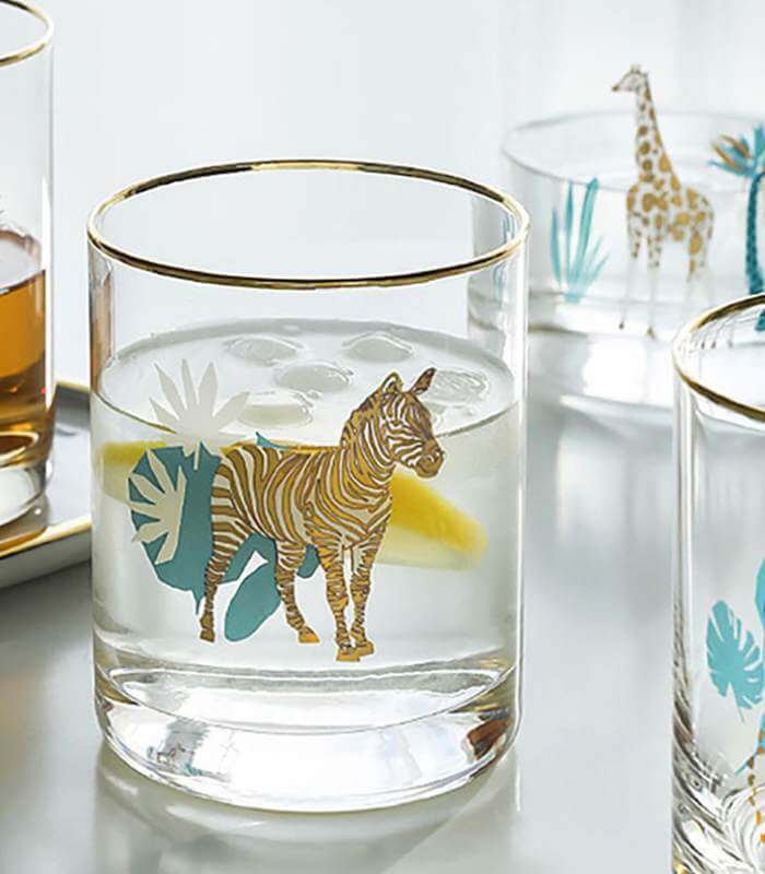 SAVANNA Gold-Rimmed Cocktail Glass - Hand-Decorated Safari Collection | Premium Whiskey Tumbler with African Wildlife Designs (390ml)