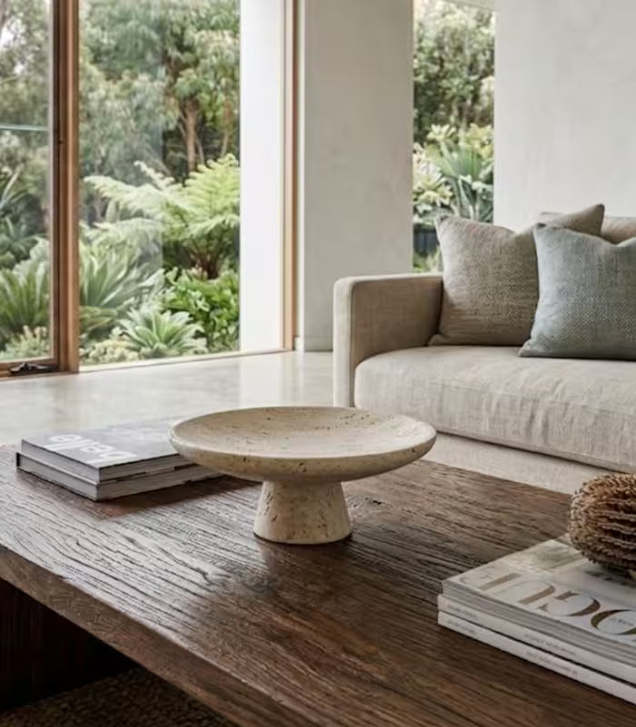Travertine Pedestal Bowl – Natural Stone Decorative Tray for Home Styling 25 cm
