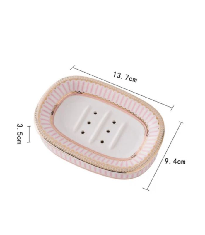 Ceramic Soap Dish With Drain Pink and White 13.8 cm