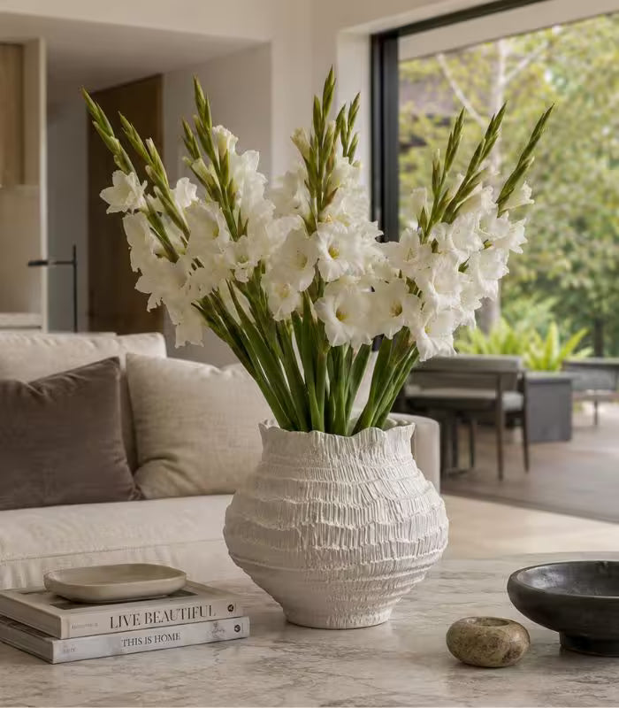 Solvei Ceramic Vase Hand-Cut Textured Pattern Off-White Sculptural Planter 31.5 cm / 12.4 in