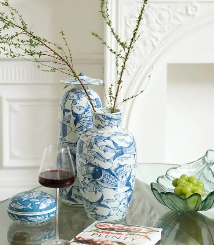 Blue Waters Fish Collection Porcelain Decorative Vase - Handcrafted Coastal Home Decor