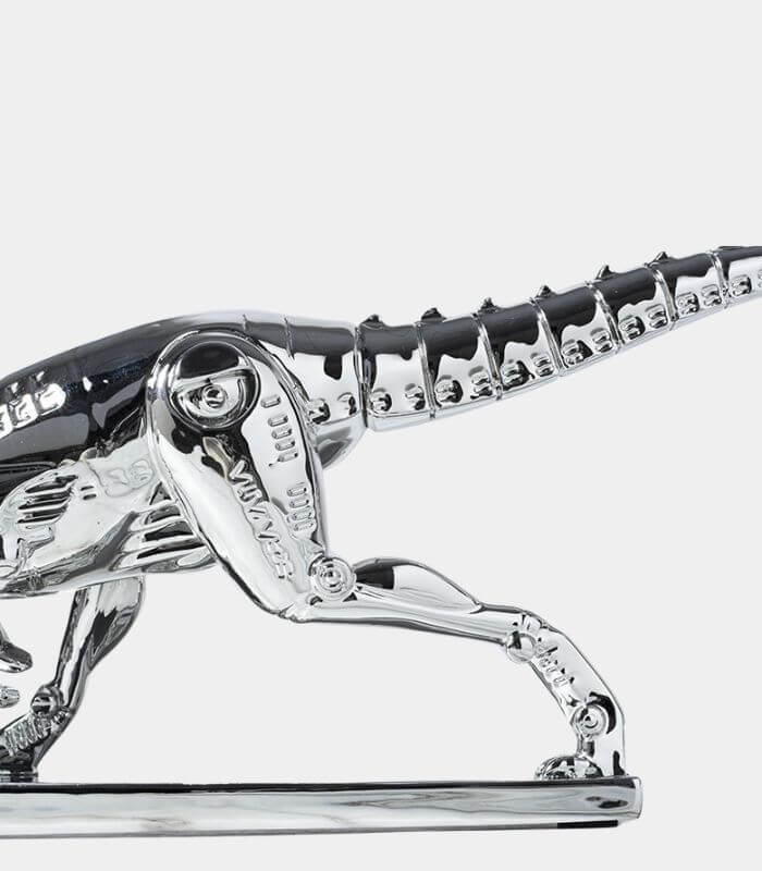 Modern Chrome Dinosaur Skeleton Sculpture - Contemporary T-Rex Art Piece - Home Decor (39cm, Silver Chrome)